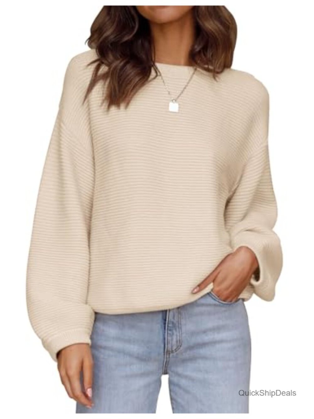 ZESICA Long Sleeve Knit Pullover Sweater Boat Neck Lantern Sleeves Oversized